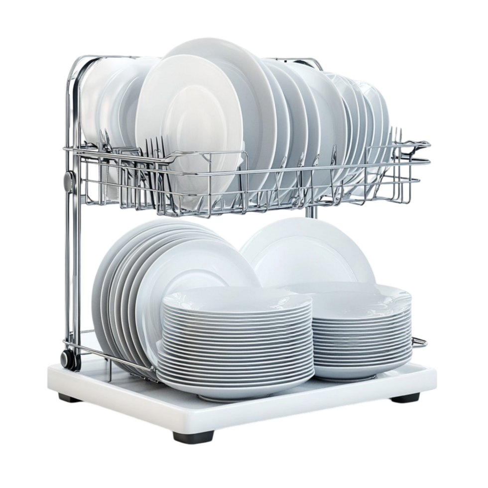 Metal Dish Rack with Plates Arranged Neatly on Transparent Background png