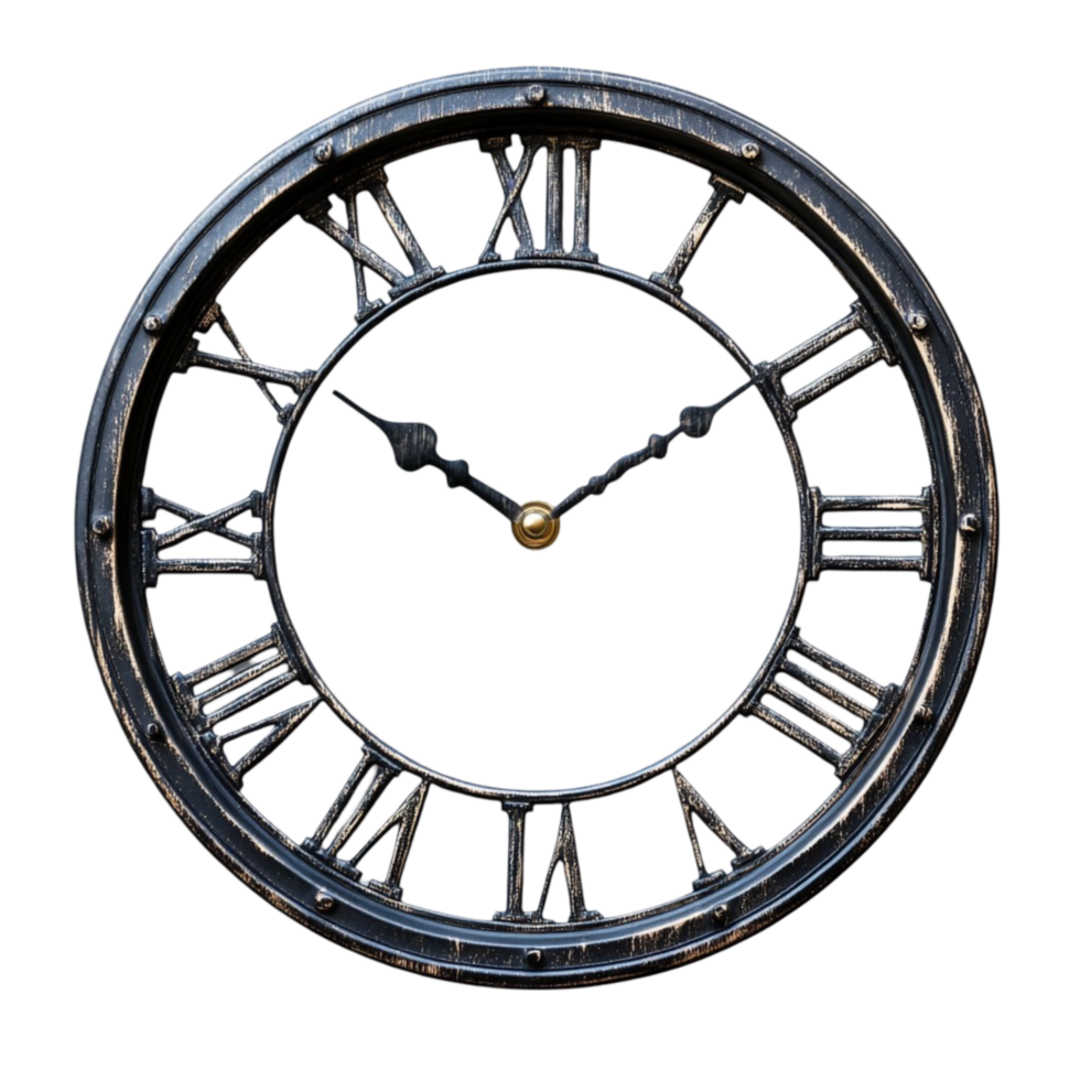Round Vintage Clock with Roman Numerals on Transparent Background png