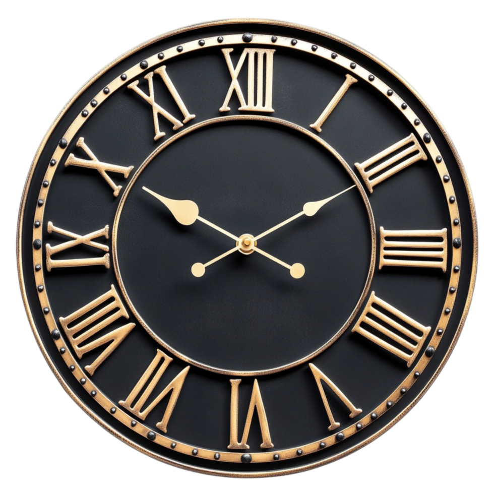 Elegant Black and Gold Clock with Roman Numerals on Transparent Background png