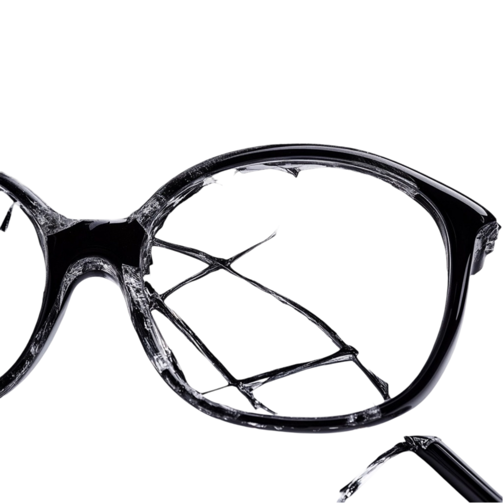 Broken Black Eyeglasses with Thin Metal Frame on Transparent Background png