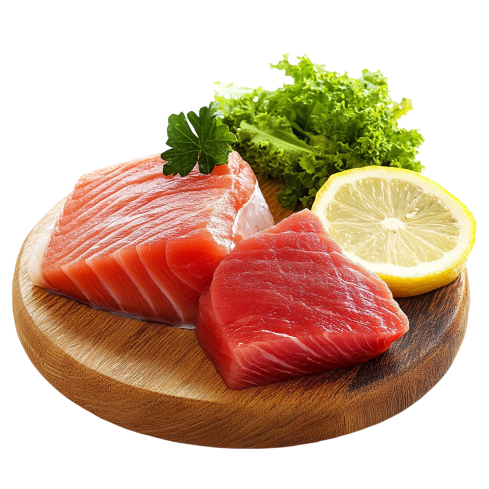 Fresh Tuna Sashimi with Lemon and Wasabi on Wooden Plate png