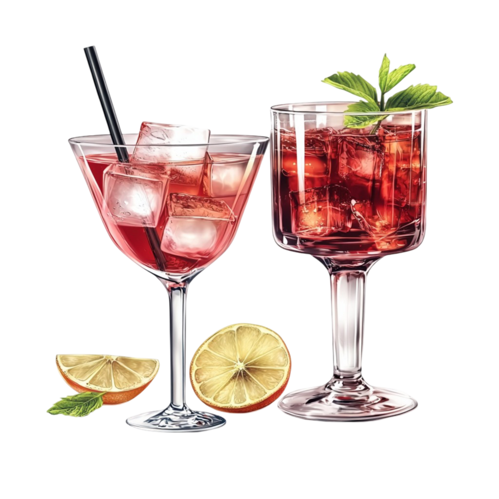 Fancy Cocktail Glasses with Ice and Fruit on Transparent Background png
