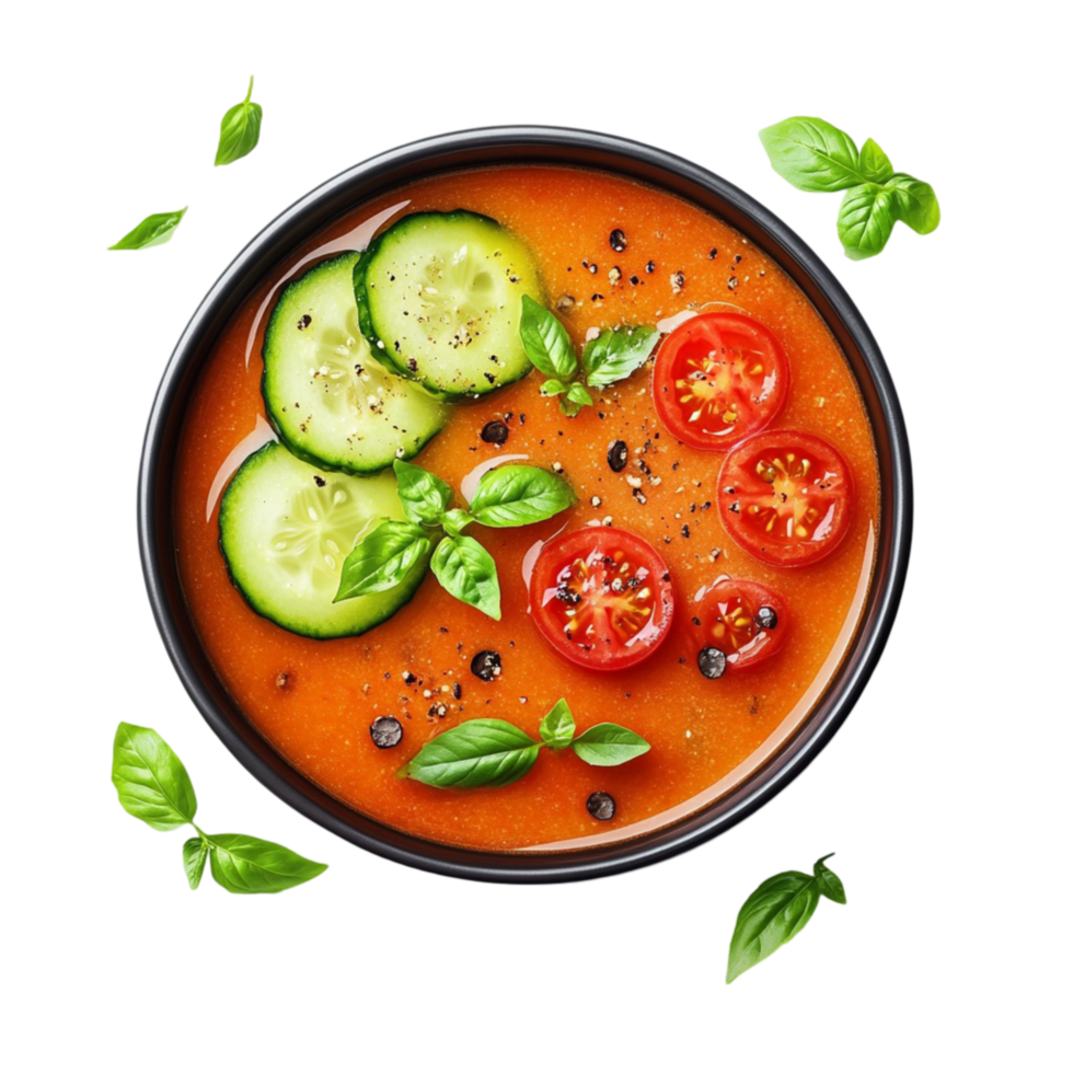 Bowl of Tomato Soup with Fresh Basil and Cucumbers on Transparent Background png