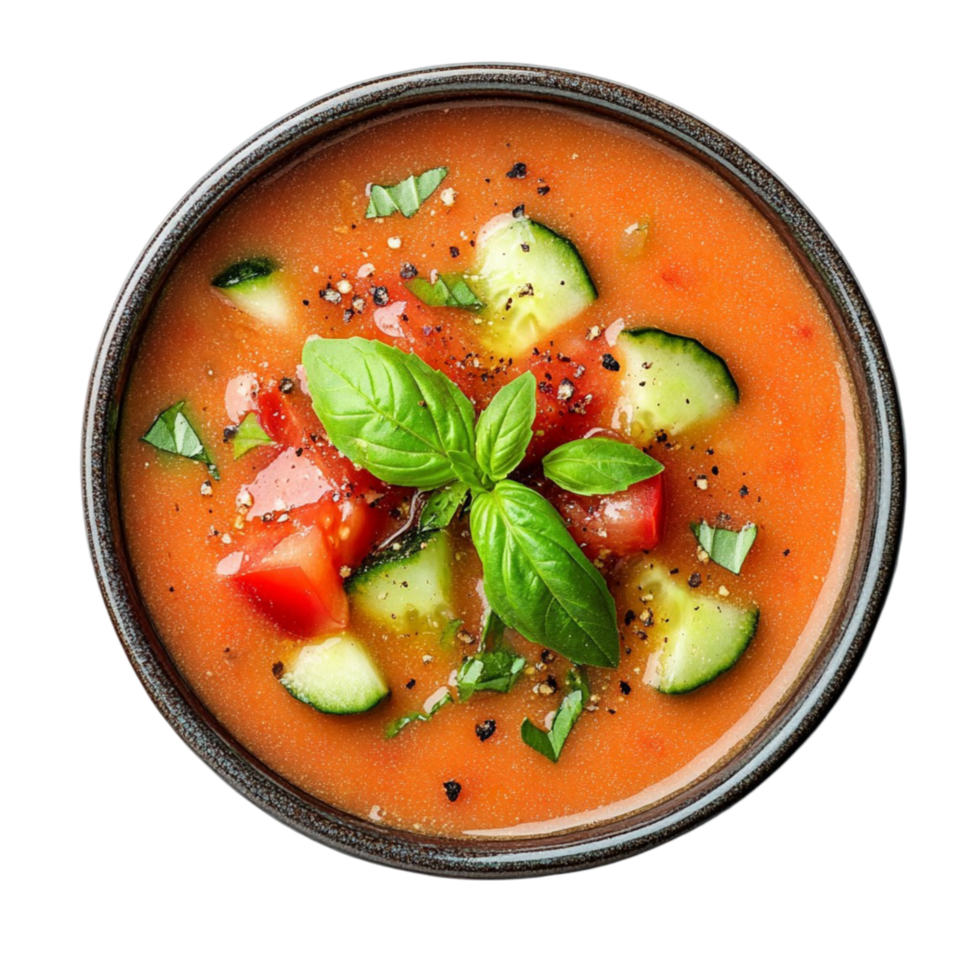 Bowl of Tomato Soup with Fresh Herbs on Transparent Background png