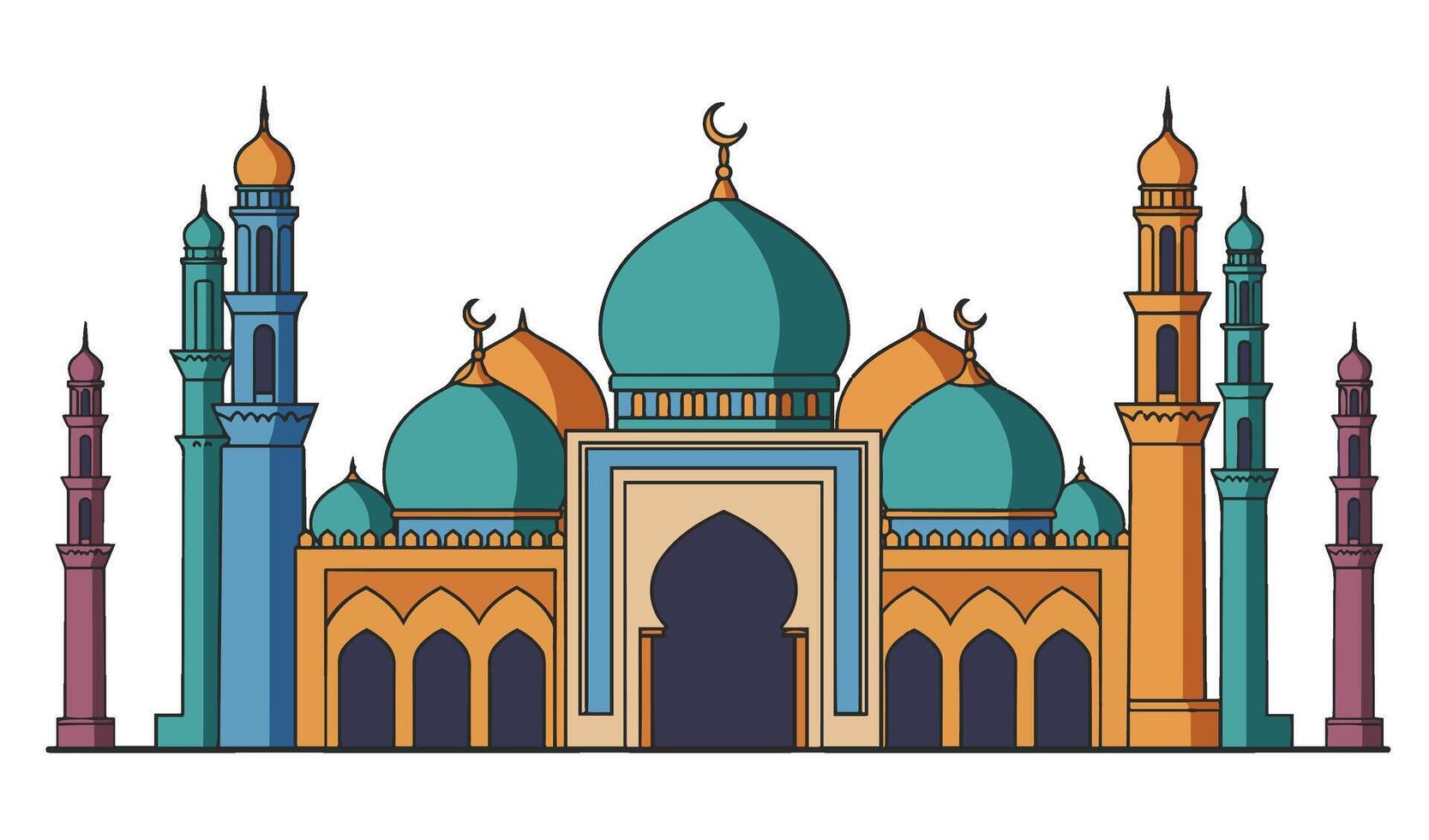 Islamic Mosque Architecture with Elegant Minarets and Grand Domes vector