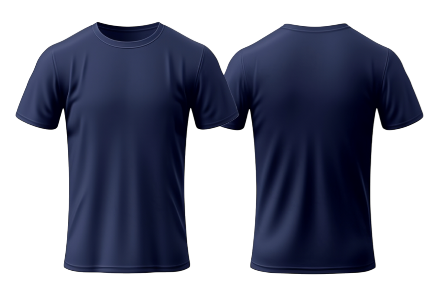 Plain navy blue t-shirt mockup design. Front and back view, isolated on transparent background png