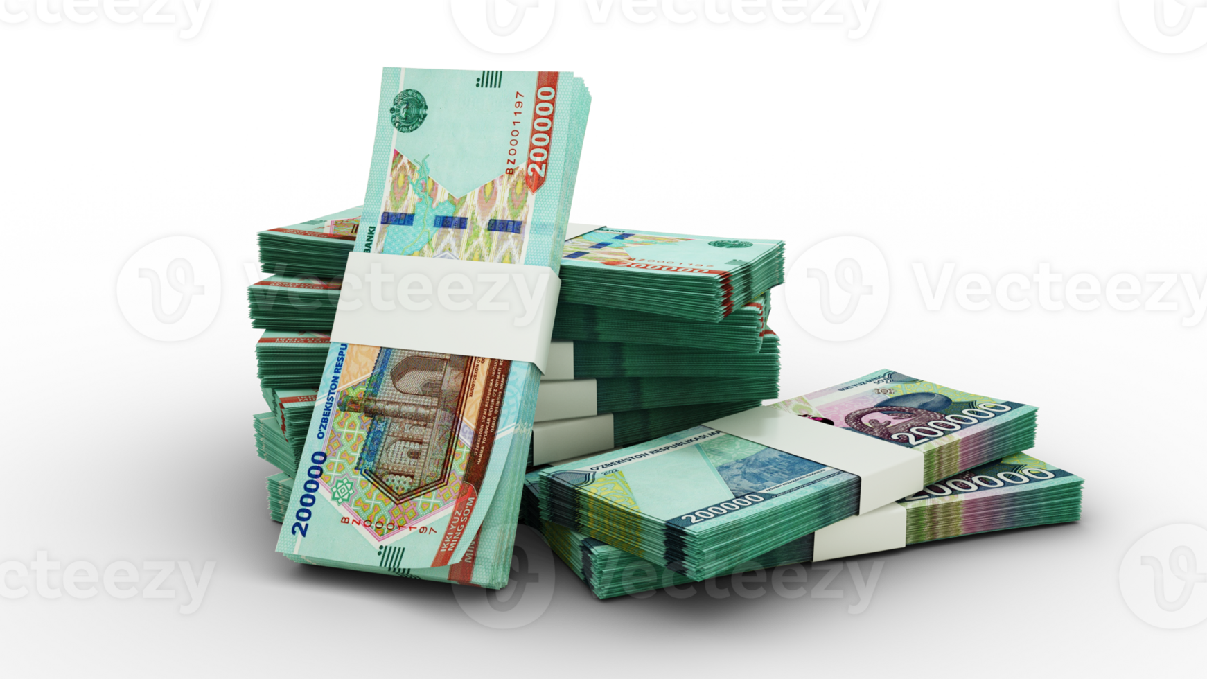 3d rendering of Stacks of 200000 Uzbekistani Som notes. bundles of Uzbekistan currency notes isolated on transparent background png