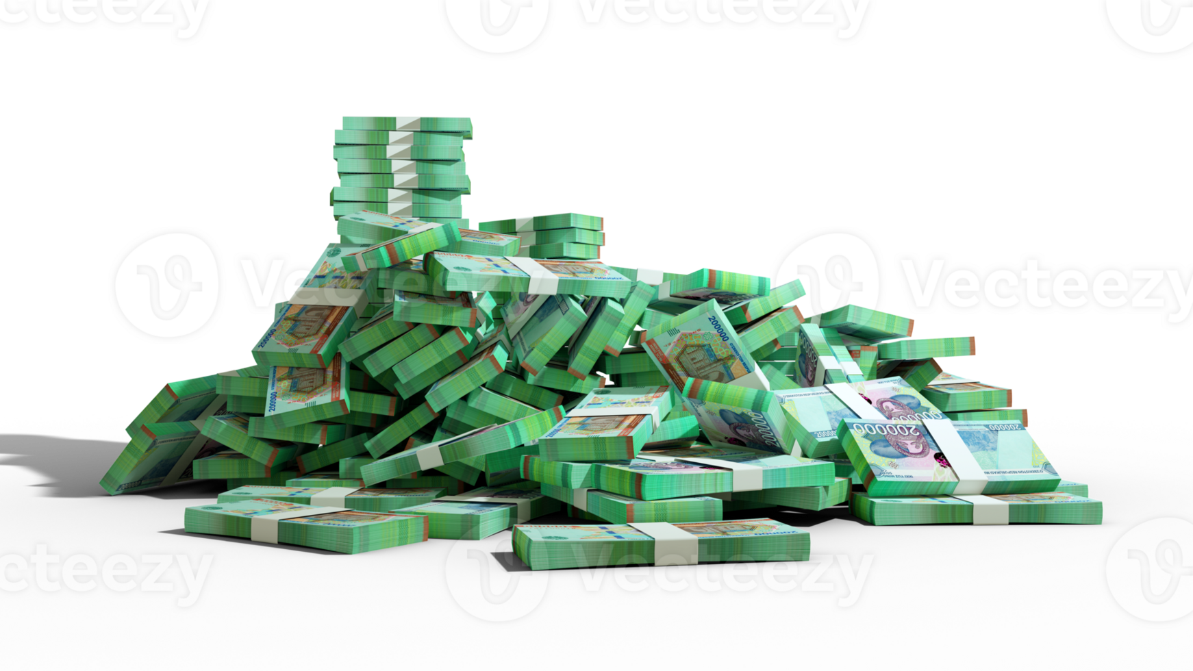 3d rendering of Stacks of 200000 Uzbekistani Som notes. bundles of Uzbekistan currency notes isolated on transparent background.. png