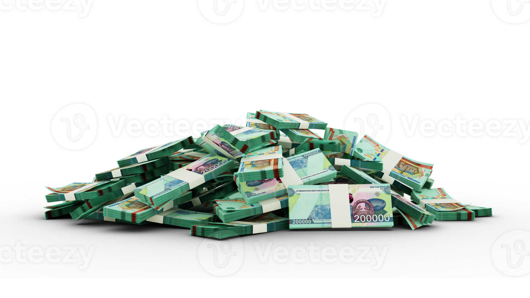 3D rendering of pile of Stacks of Uzbekistan Som notes isolated on transparent background png