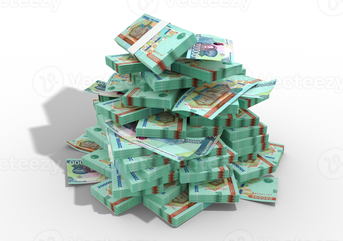3d rendering of Stacks of 200000 Uzbekistani Som notes.bundles of Uzbekistan currency notes isolated on transparent background png