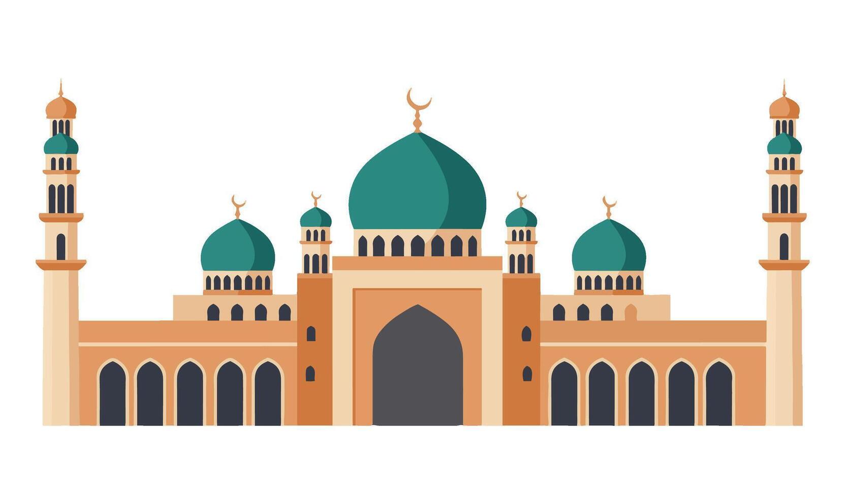 Historic Islamic Mosque with Beautiful Green Domes and Towering Minarets vector
