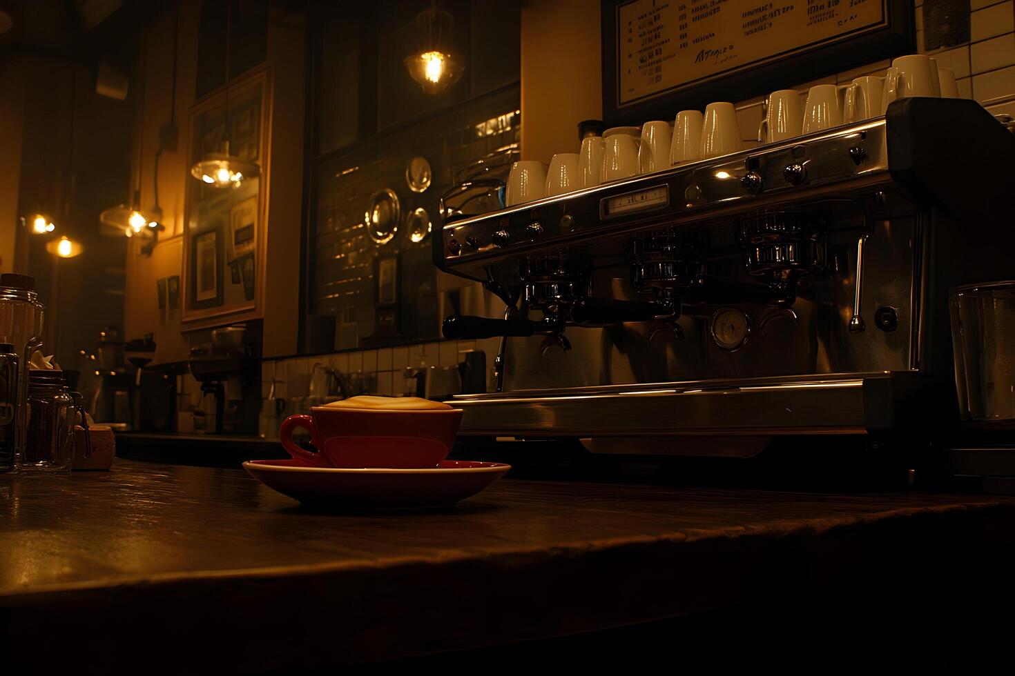 Coffee cup on counter near espresso machine in dimly lit cafe. photo