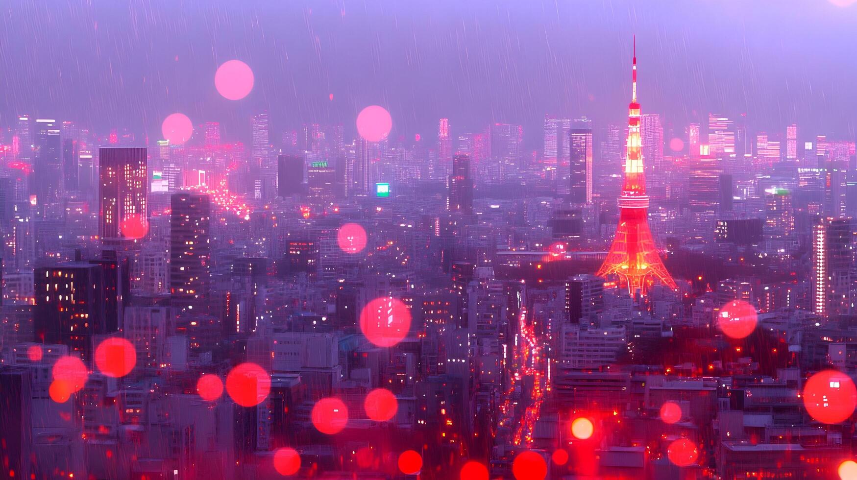 Cityscape at twilight, bokeh effect, illuminated buildings and tower. photo
