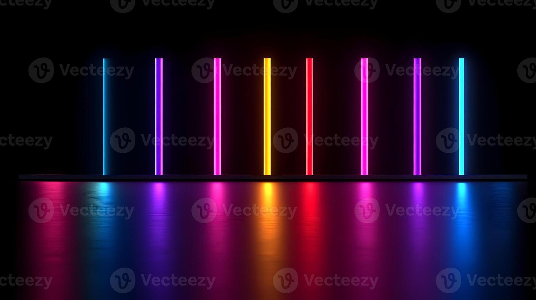 Colorful neon lights reflected on a glossy surface in a dark room. photo