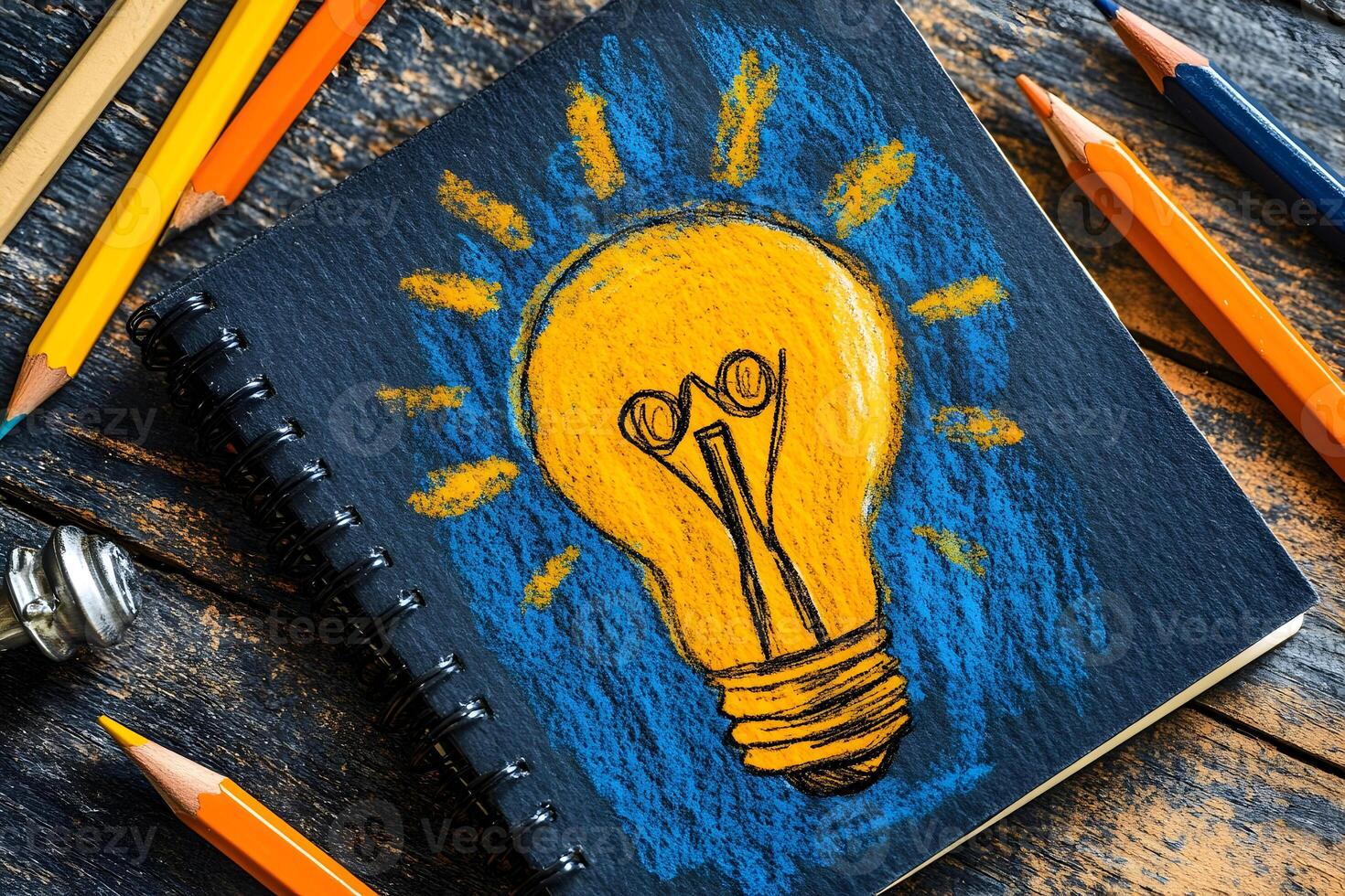 Chalk lightbulb drawing on notebook. photo