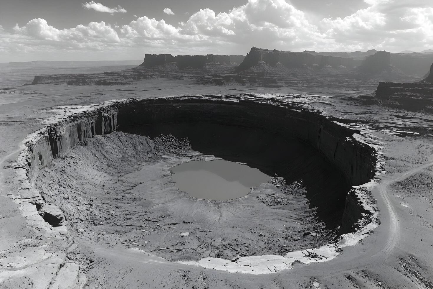 Aerial view of a crater lake in a desert landscape. photo