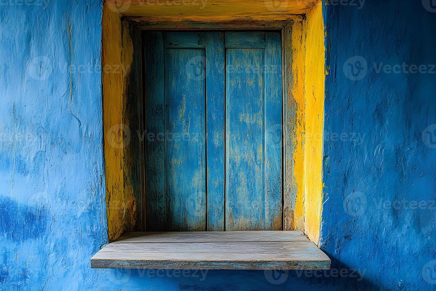 Blue wall with yellow frame, small window, wooden shutter, and ledge. photo