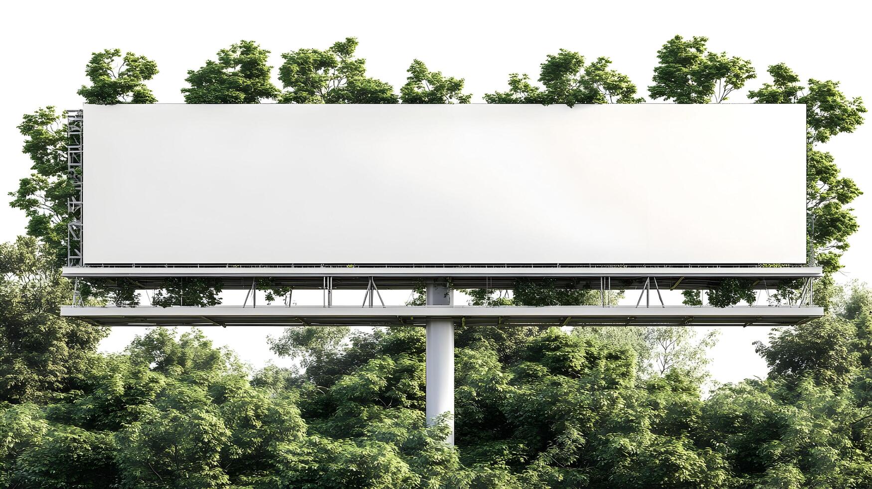 Blank billboard mockup surrounded by lush green trees, isolated on white background. photo