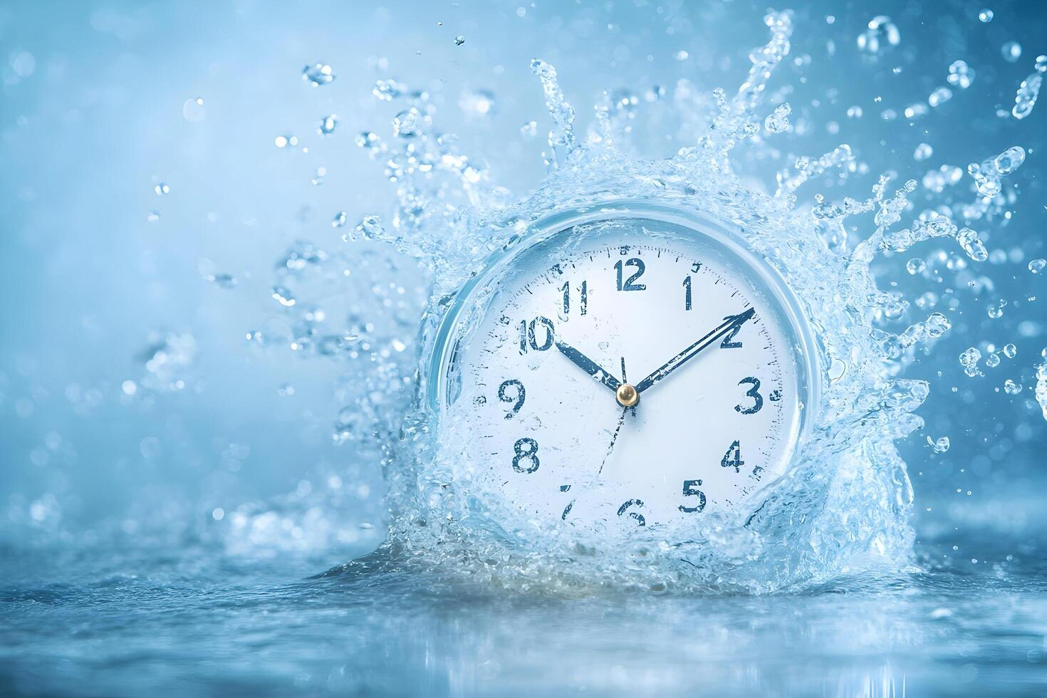 Clock submerged in splashing water, time concept. photo