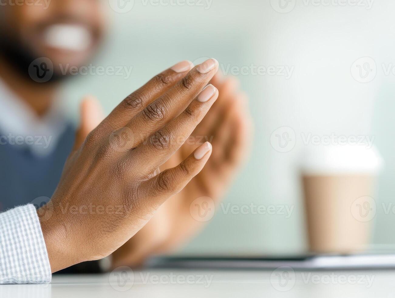 close up of hands clapping in creative workspace, expressing enthusiasm and collaboration. coffee cup is visible in background, adding to casual atmosphere photo