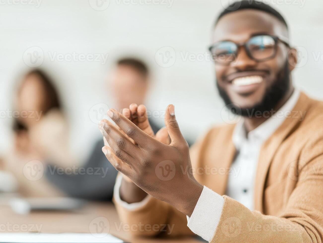 group of executives in stylish boardroom celebrating success with smiles and applause. atmosphere is positive and collaborative, showcasing teamwork and achievement photo