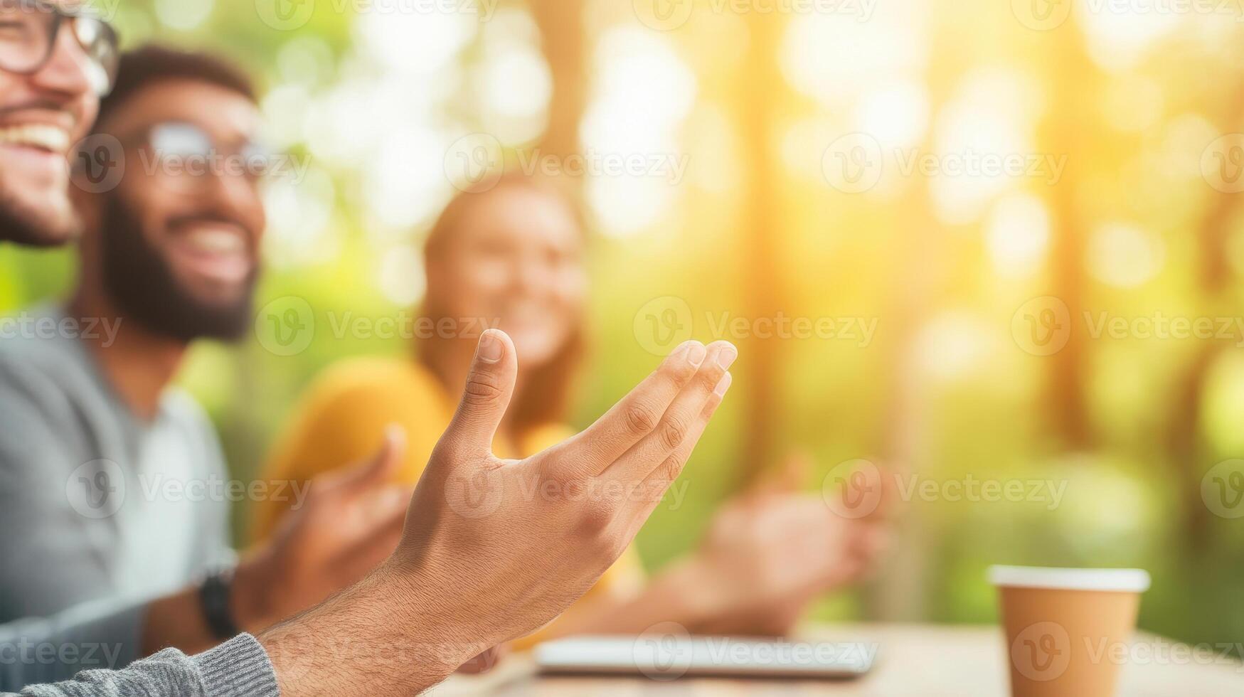 Joyful team members engaging in collaborative workspace, sharing ideas and laughter in bright, natural setting. Their expressions reflect enthusiasm and teamwork photo