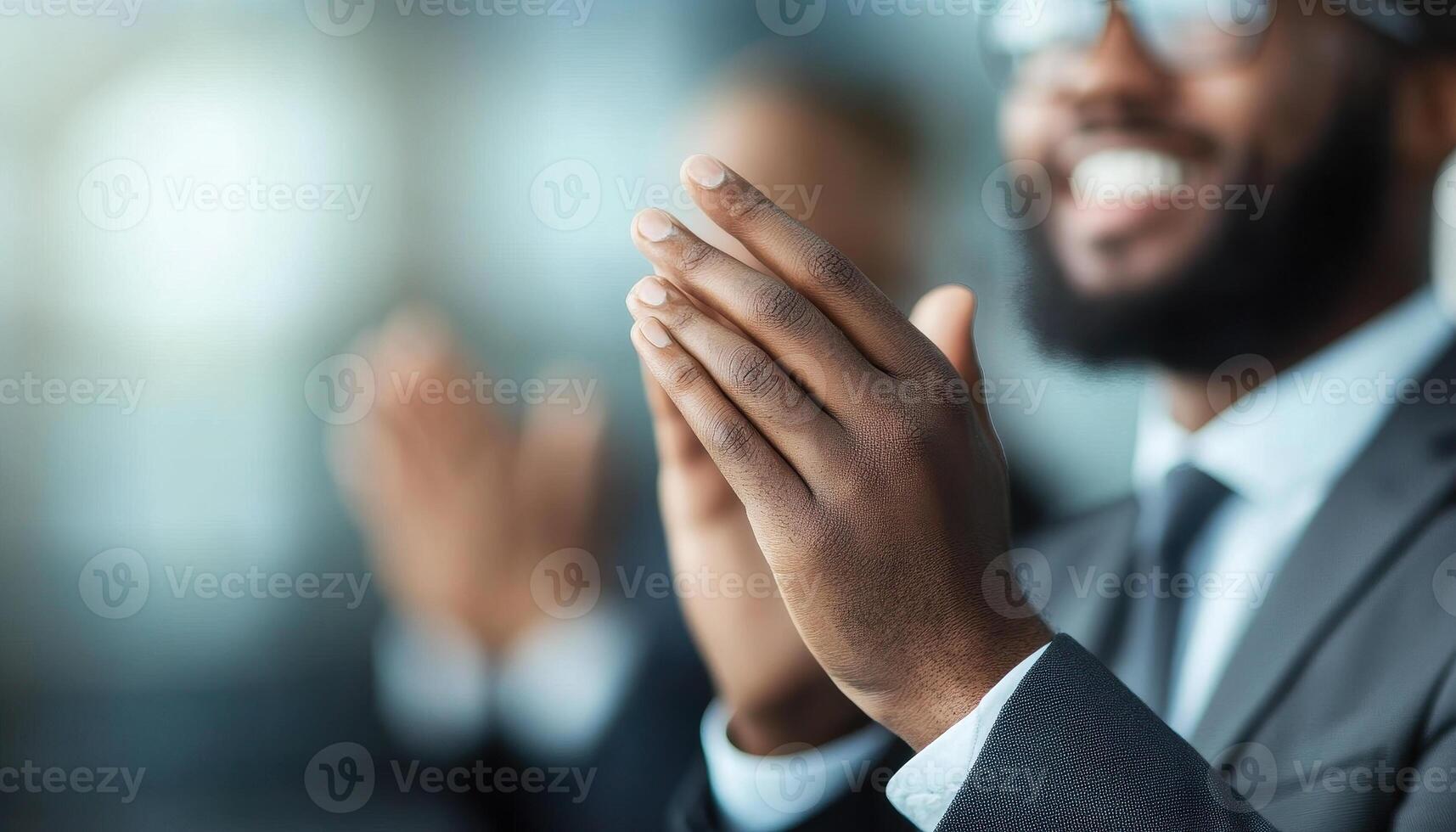 Joyful professionals clapping in modern office setting, celebrating success and teamwork, showcasing positive emotions and collaboration photo