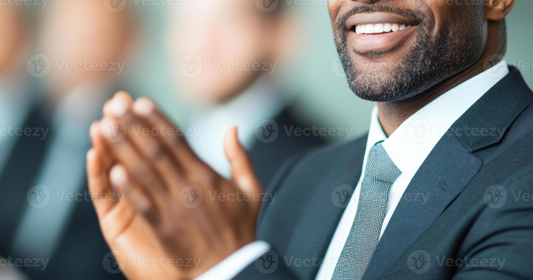 smiling man in suit claps during conference, showcasing professionalism and engagement. His positive demeanor reflects successful business environment photo