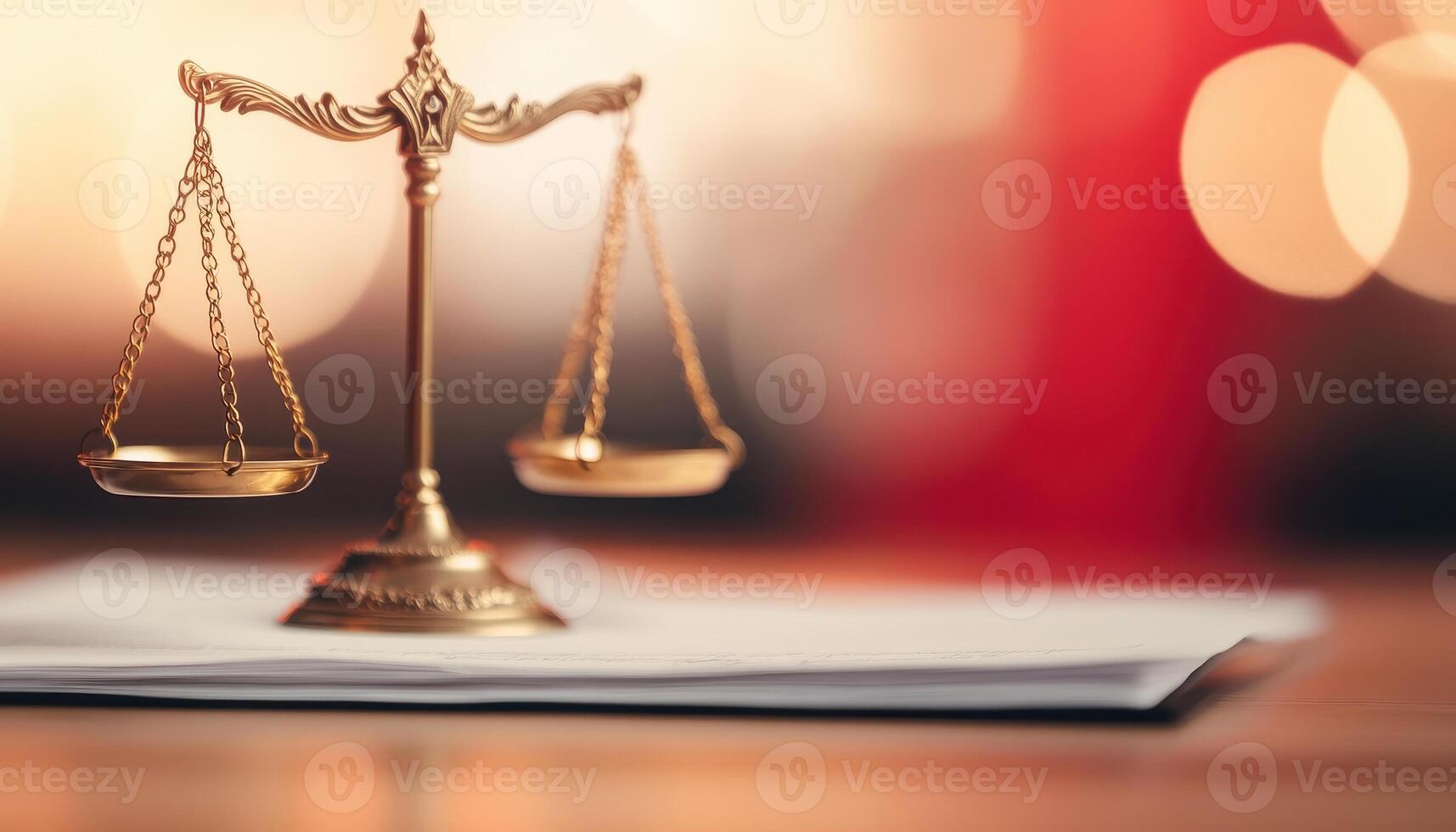 golden scale of justice stands prominently on legal papers, symbolizing fairness and law. blurred background adds warm ambiance, enhancing image emotional depth photo