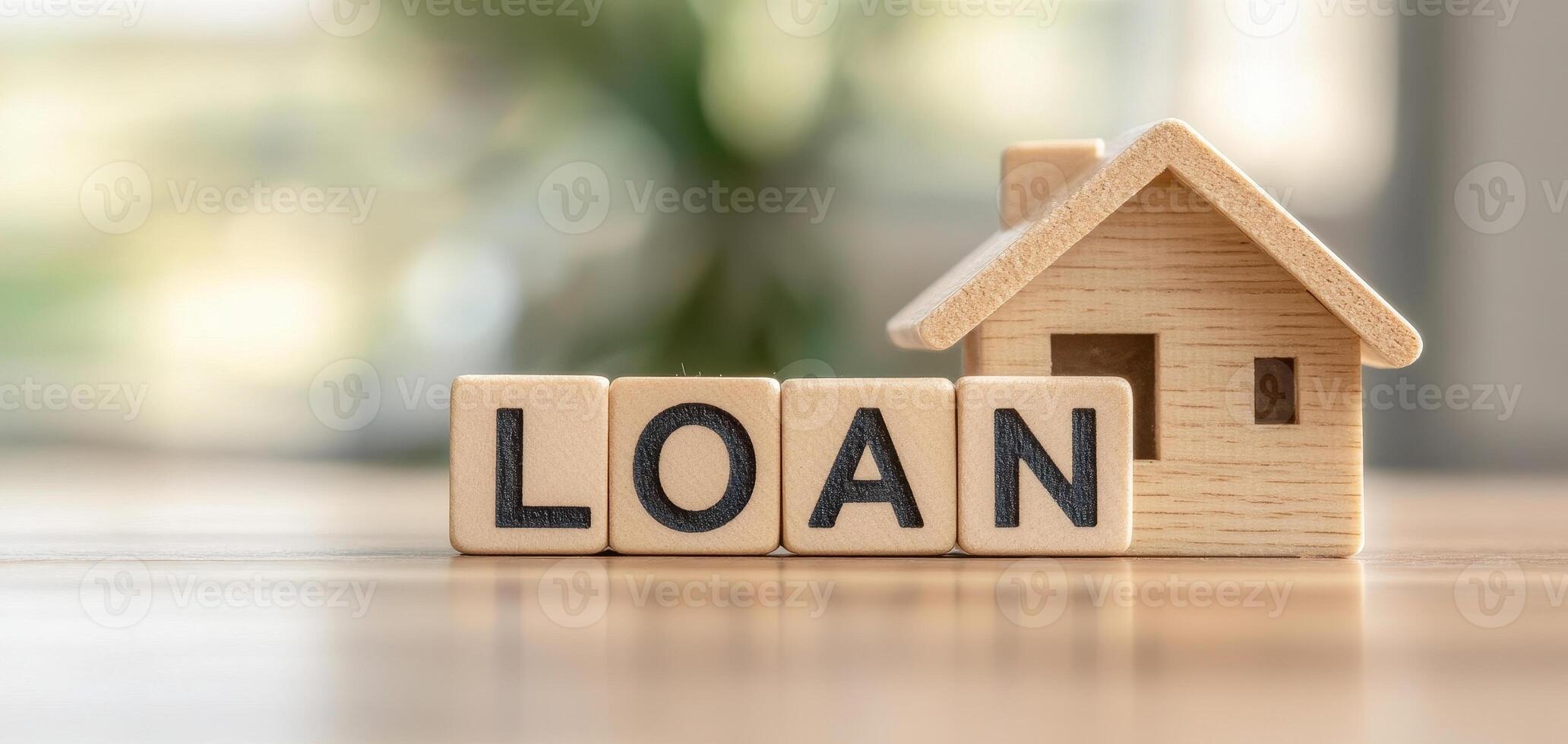 Wooden blocks spelling LOAN beside small wooden house model, symbolizing home financing and mortgage options. warm, inviting atmosphere enhances concept of home photo