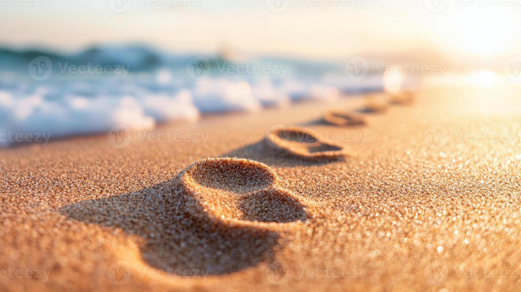 Close up shot of sandy footprints leading to ocean, capturing serene moment at beach. gentle waves and warm sunlight create peaceful atmosphere photo