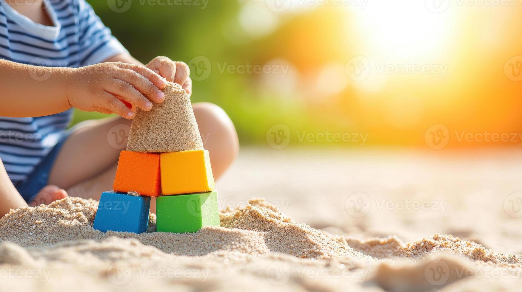 Building colorful sandcastle with vibrant beach toys, child enjoys sunny day at beach, creating memories in warm sand photo
