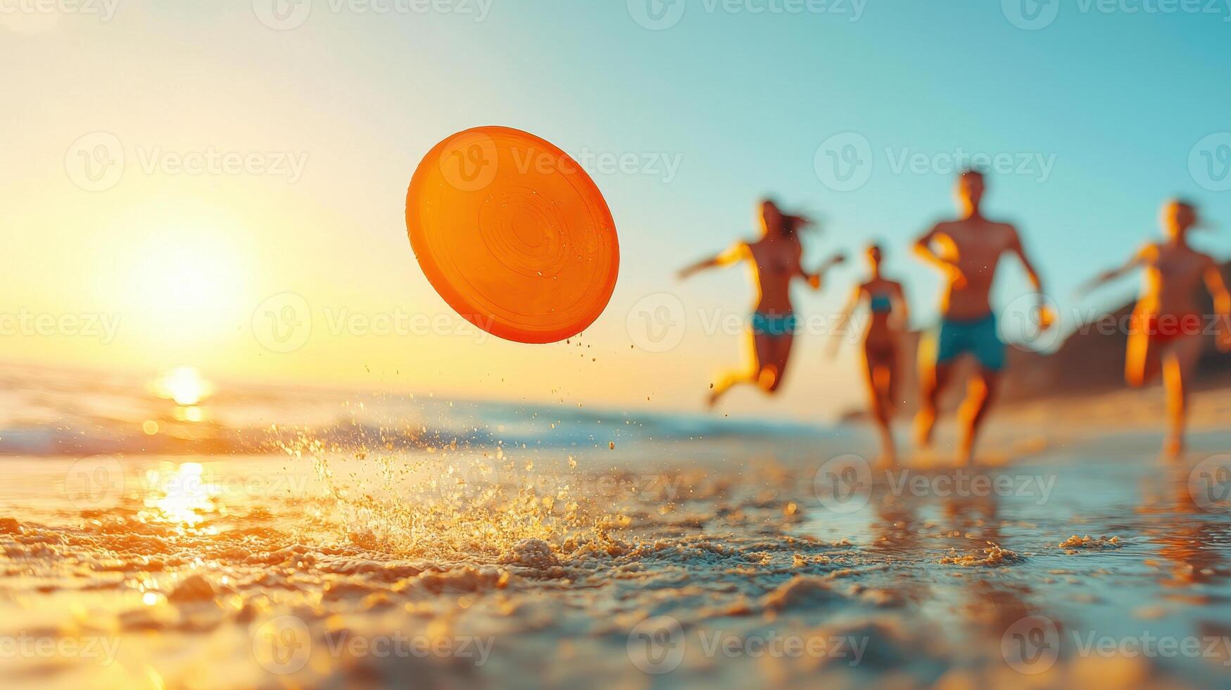 Group playing frisbee on beach during sunset, capturing joy and excitement. vibrant orange frisbee flies through air as friends enjoy fun day by sea photo
