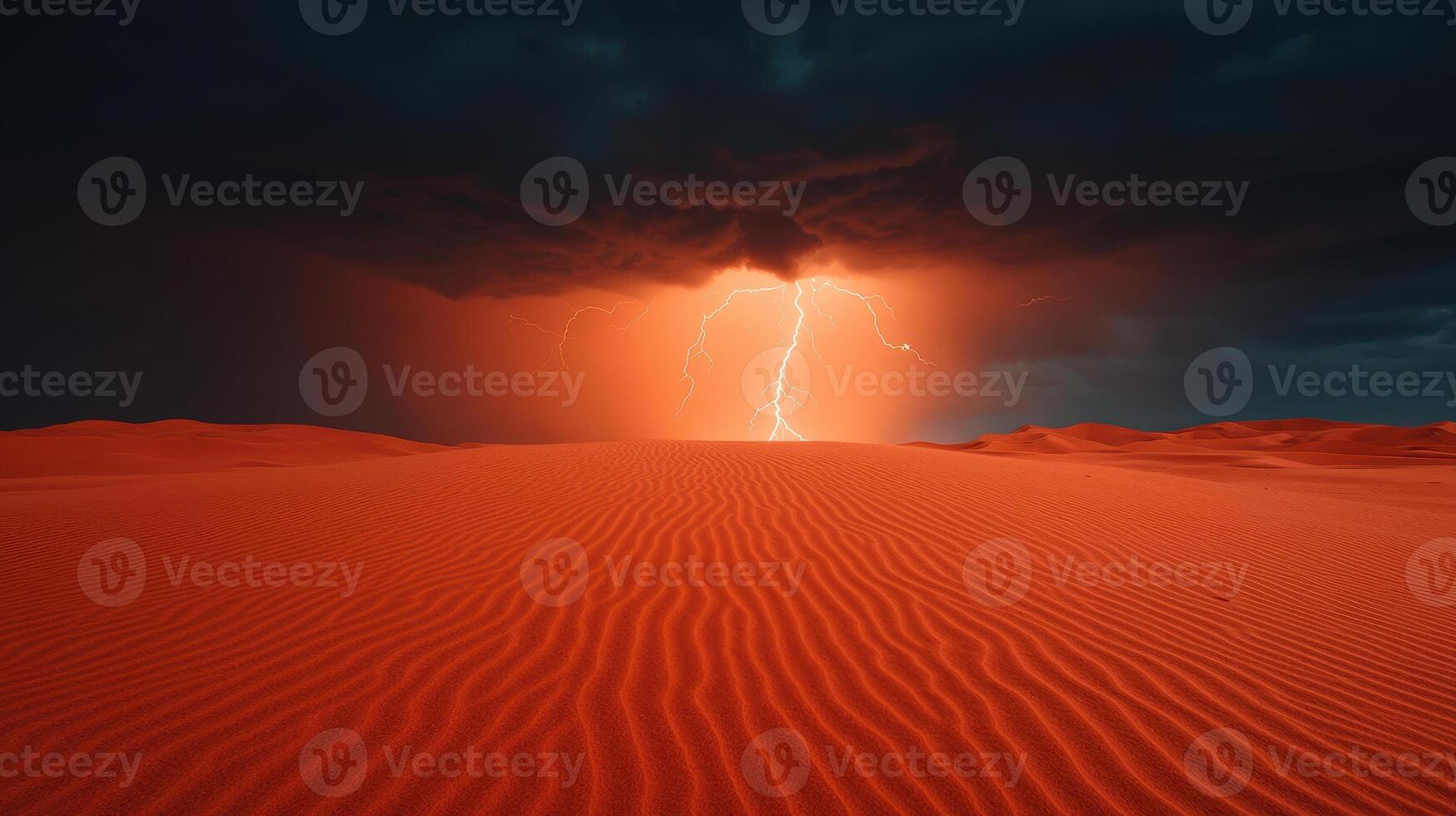 dramatic thunderstorm rolls over vast desert landscape, illuminating sky with flashes of lightning. striking contrast of dark clouds against vibrant sand creates breathtaking scene photo