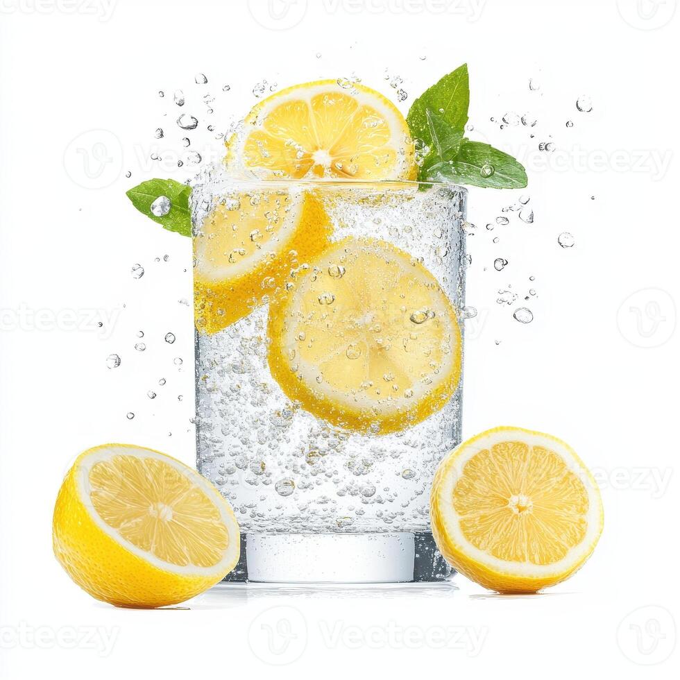 refreshing glass of lemonade with fresh lemon slices and mint leaves, surrounded by lemon halves, creates vibrant and inviting scene photo