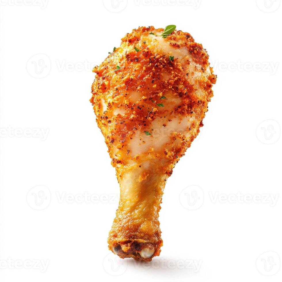 Crispy fried chicken drumstick with golden coating, perfect for delicious meal. This appetizing dish is ideal for gatherings or comforting dinner photo