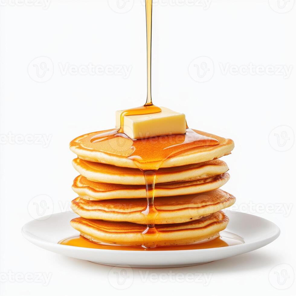 Fluffy pancakes stacked high with melting butter and drizzled maple syrup create deliciously inviting breakfast scene. Perfect for food lovers photo