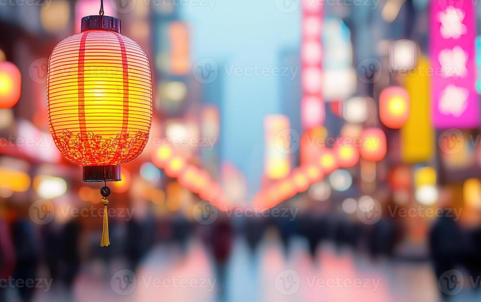 Colorful lanterns illuminate vibrant night market, creating lively atmosphere filled with bustling crowd. warm glow enhances festive spirit of scene photo