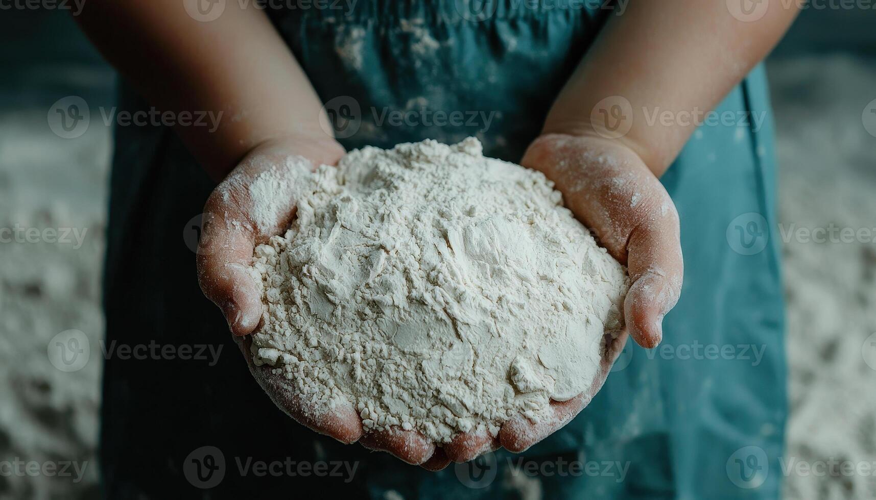 child holds mound of flour in their hands, showcasing texture and color of ingredient. scene captures essence of cooking and baking, evoking sense of warmth and creativity photo