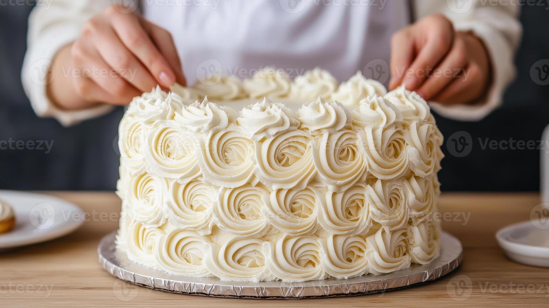 Close up of hands decorating homemade cake with creamy frosting, showcasing intricate designs and beautiful finish. Perfect for baking enthusiasts and dessert lovers photo
