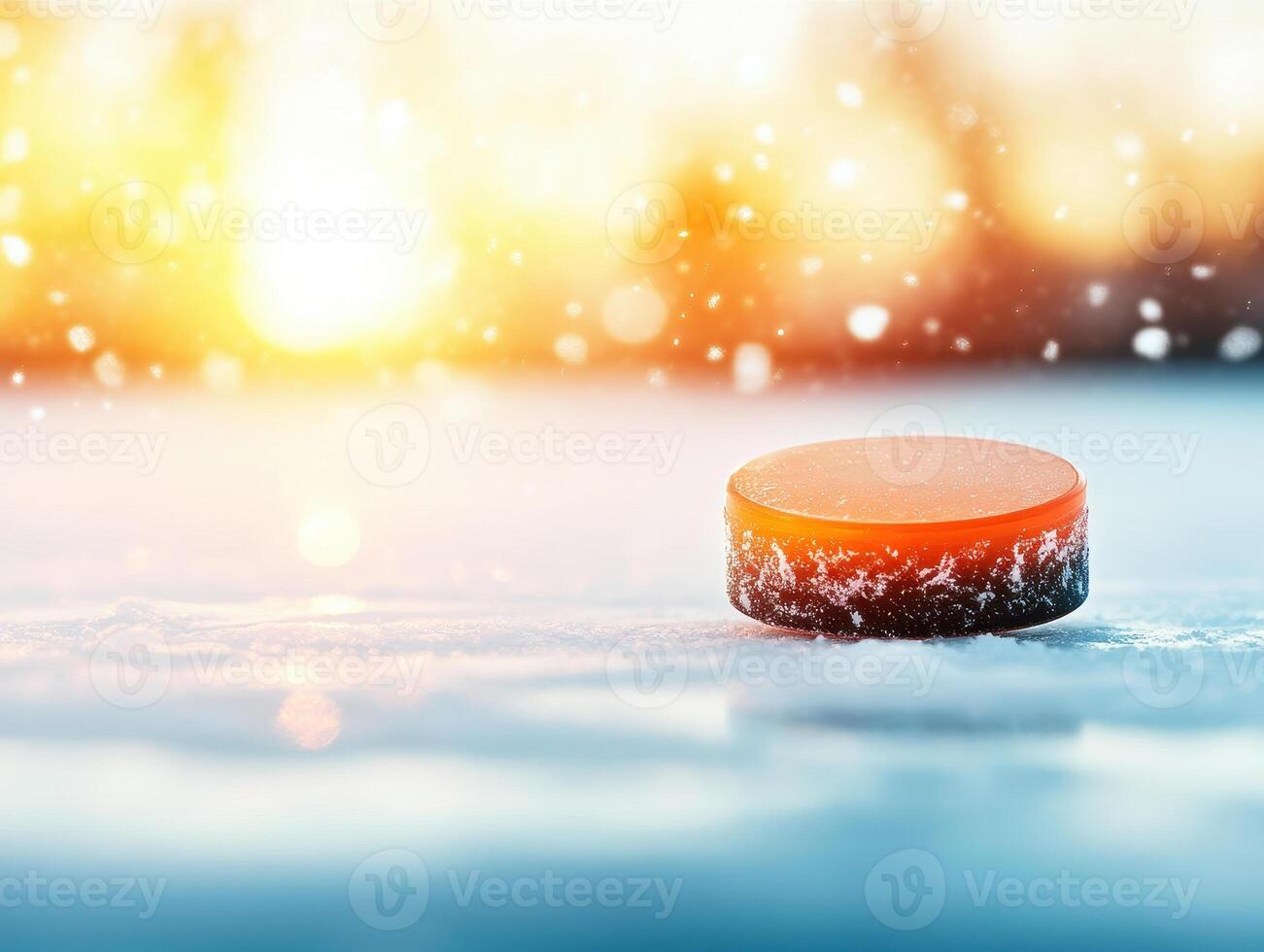 ice hockey puck sliding across snowy surface, illuminated by warm sunset glow, creates serene winter scene photo
