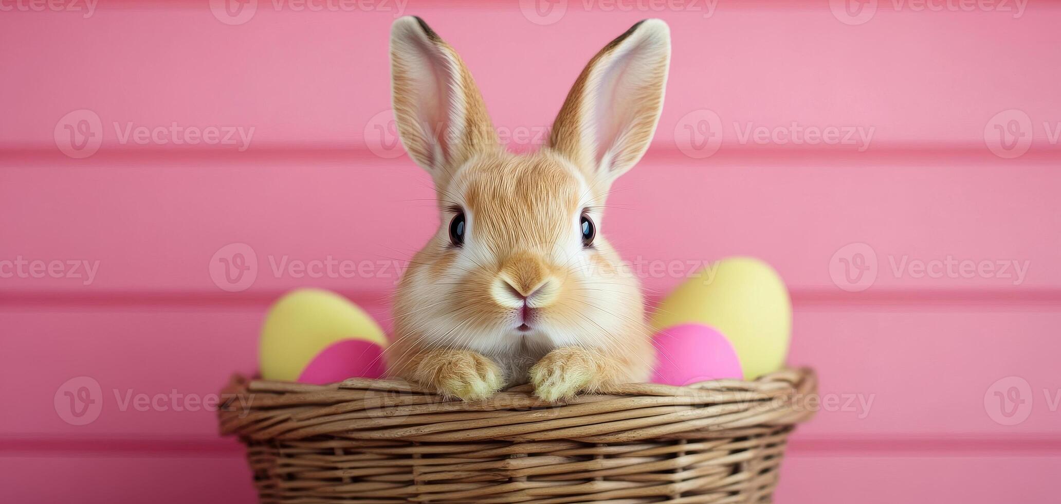 Cute fluffy bunny peeking out of Easter basket filled with colorful eggs, creating joyful and festive atmosphere. Perfect for spring celebrations and holiday decorations photo