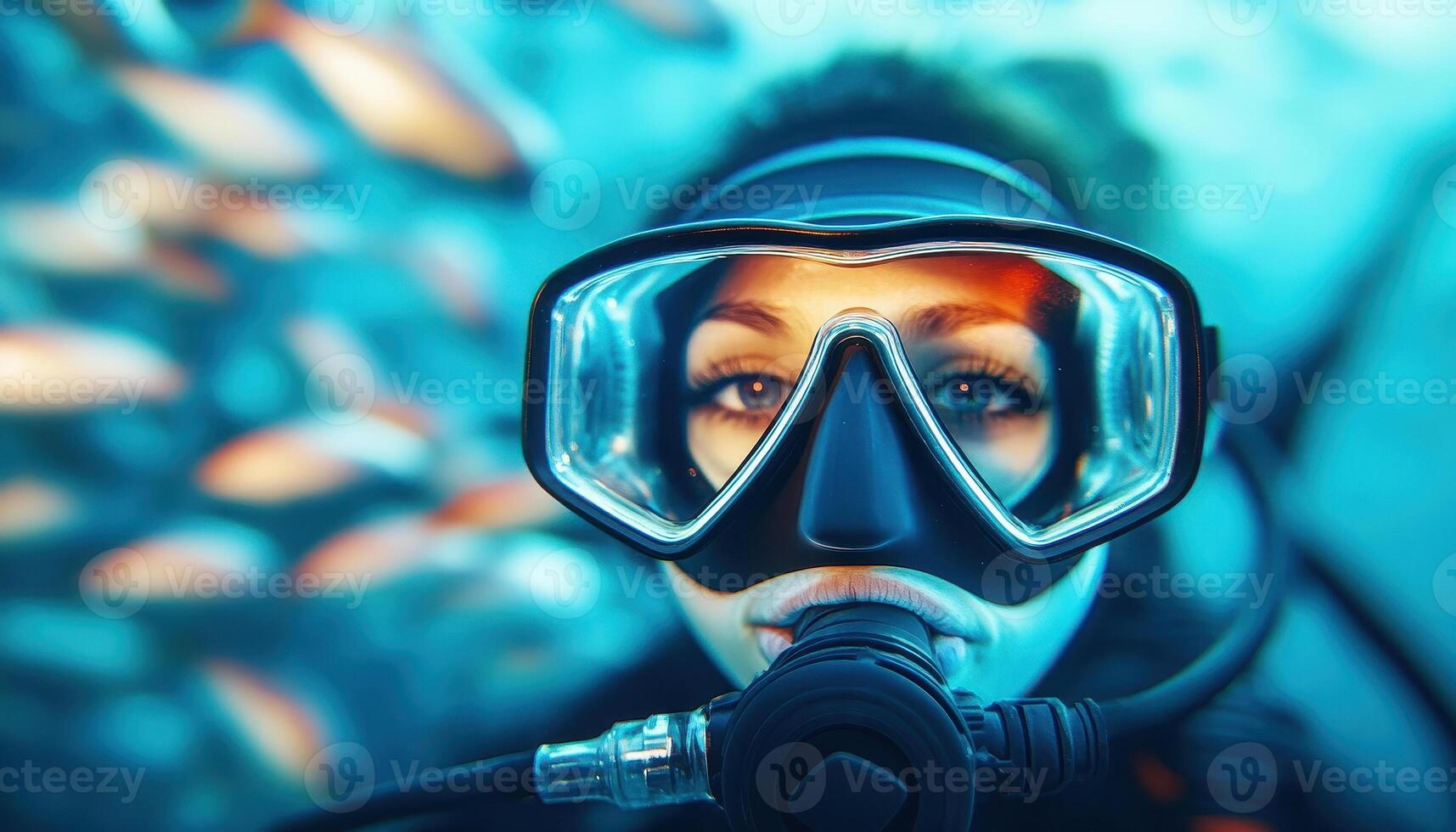 Dramatic close up of scuba diver mask reflecting underwater scenery, showcasing vibrant fish and serene ocean environment. diver focused expression adds to captivating scene photo
