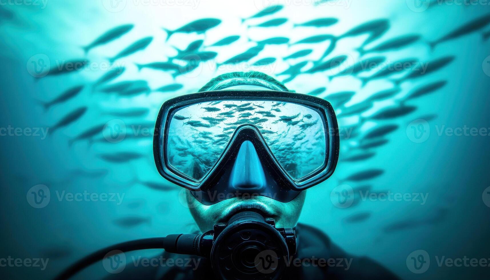 Dramatic close up of scuba diver mask reflecting underwater scenery, surrounded by fish. vibrant blue tones create captivating and immersive underwater experience photo