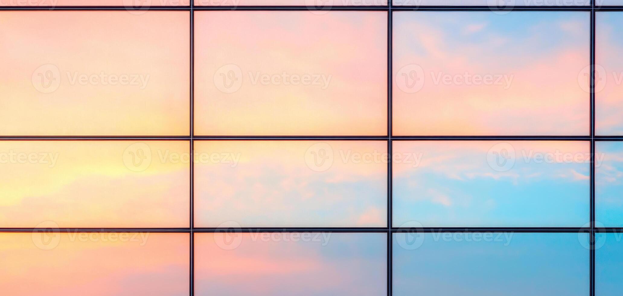 close up of high rise glass facade reflecting colorful sunset sky, showcasing vibrant hues of pink and blue. modern architecture creates stunning visual effect photo