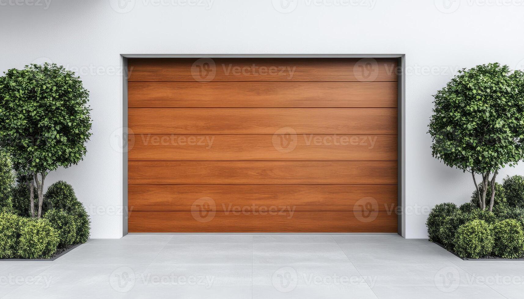 Elegant wooden garage door with modern architecture, surrounded by neatly trimmed shrubs and clean, minimalist design. This captures stylish entrance to contemporary home photo