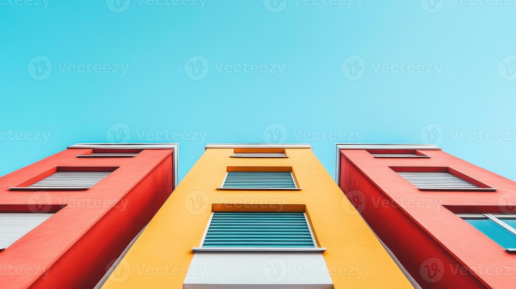 Modern high rise building with colorful facades against clear blue sky. vibrant red and yellow colors create striking visual contrast, enhancing architectural appeal photo