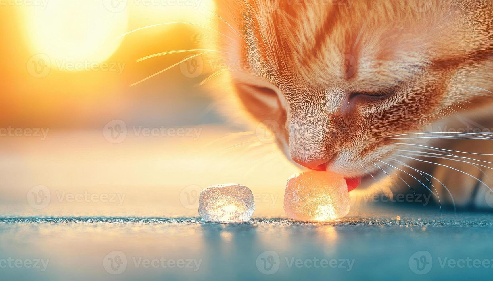 close up of tabby cat licking ice cubes, enjoying warm sunset. soft light highlights cat fur and shimmering ice, creating serene and playful atmosphere photo