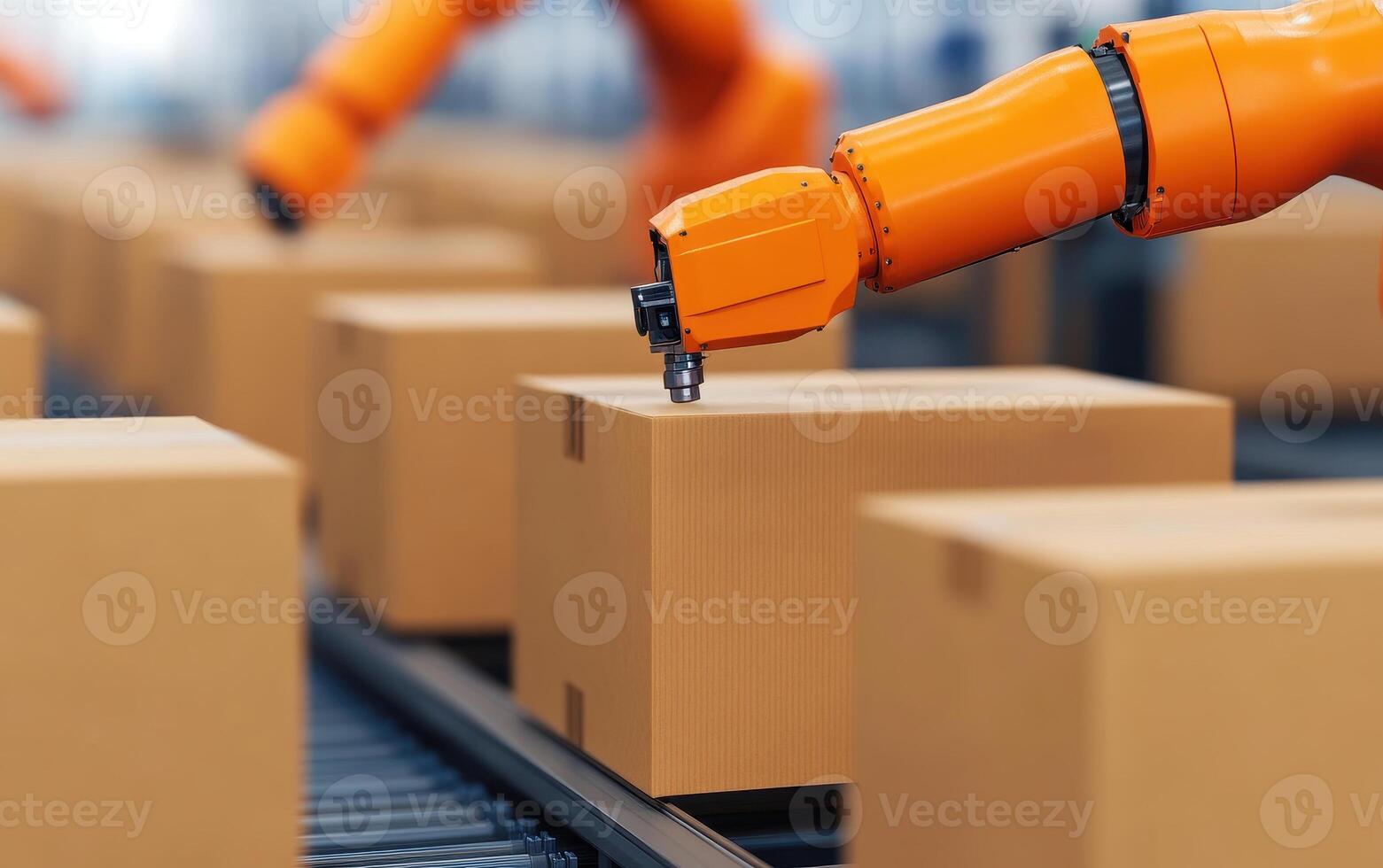 Automated robotic arms handling export packaging process in warehouse. scene showcases efficiency and precision in modern logistics and manufacturing photo