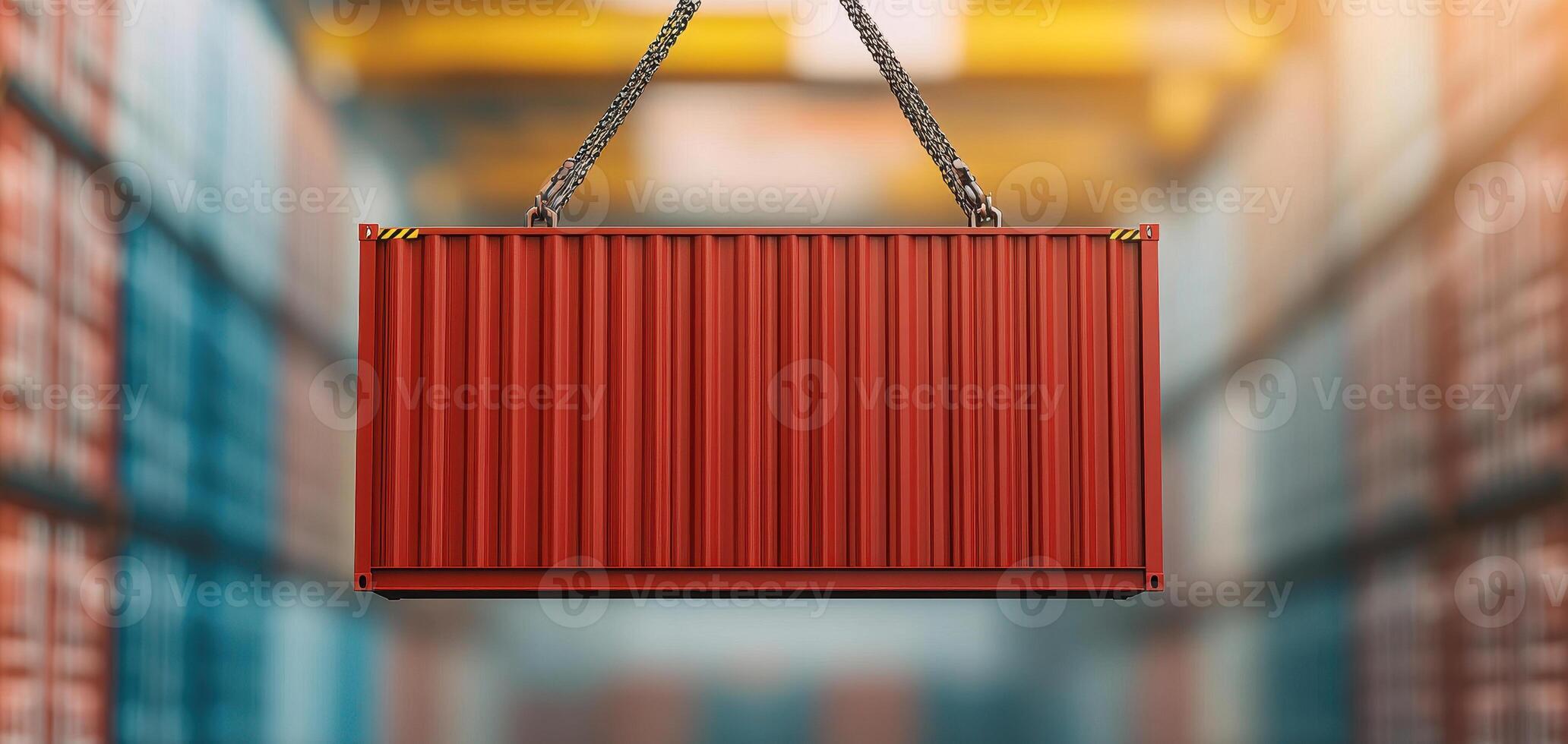 red shipping container is being lifted by industrial crane in warehouse, showcasing vibrant and dynamic scene of logistics and transportation photo